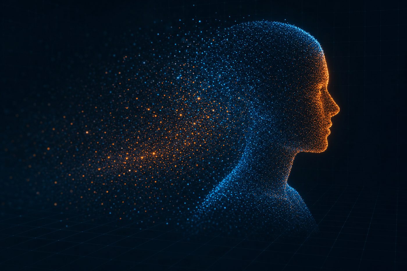 A cloud of luminous points resolving into the clear profile of a single person
