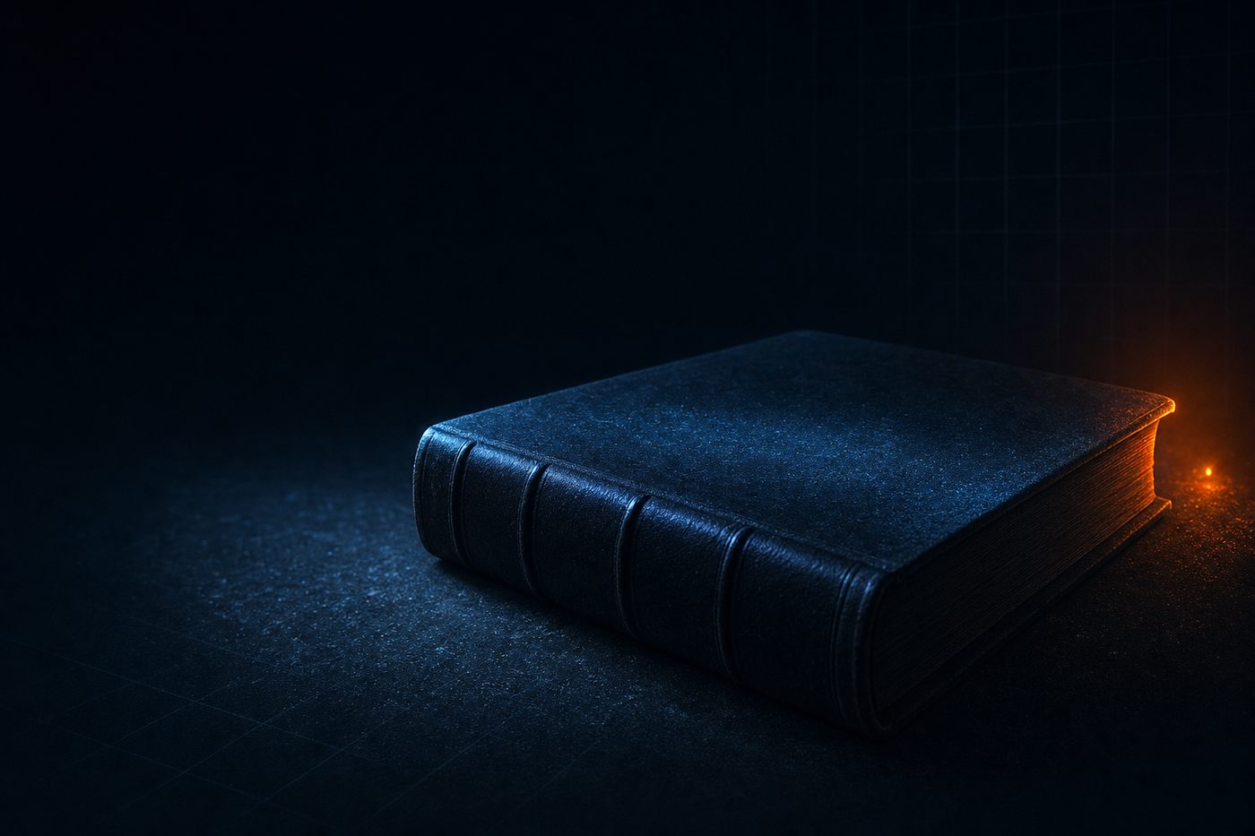 A closed leather-bound volume resting under a layer of settled dust