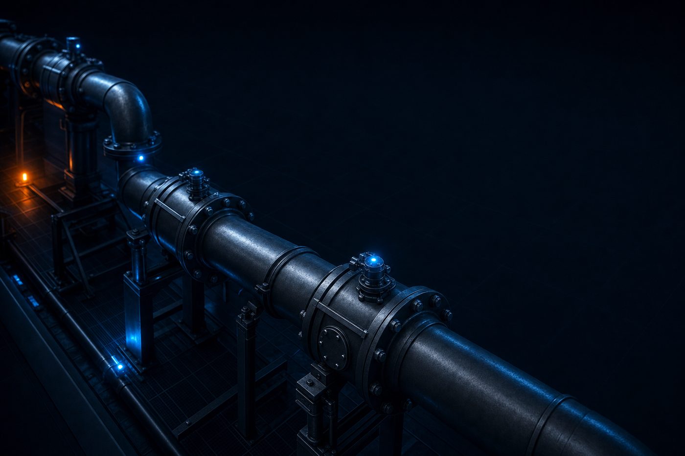 Industrial pipework with bolted inspection joints and lit monitoring points