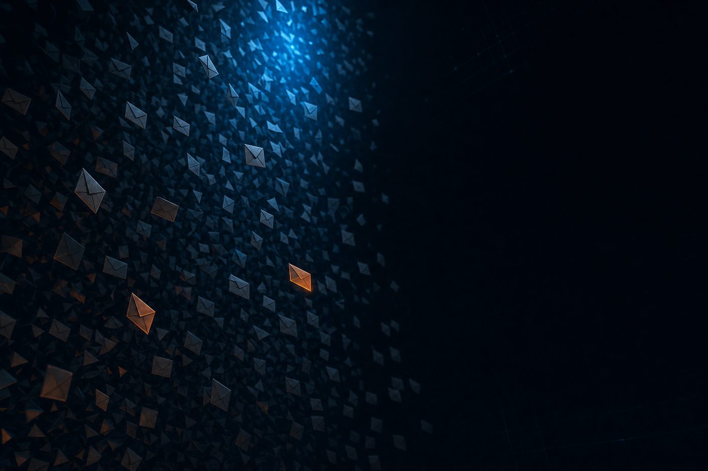 Thousands of identical envelopes falling into darkness, a few catching warm light