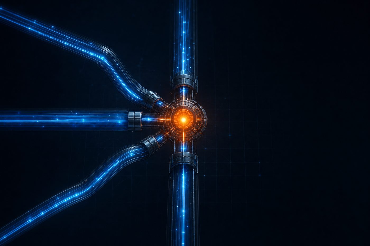 Five separate light conduits converging into one bright junction node