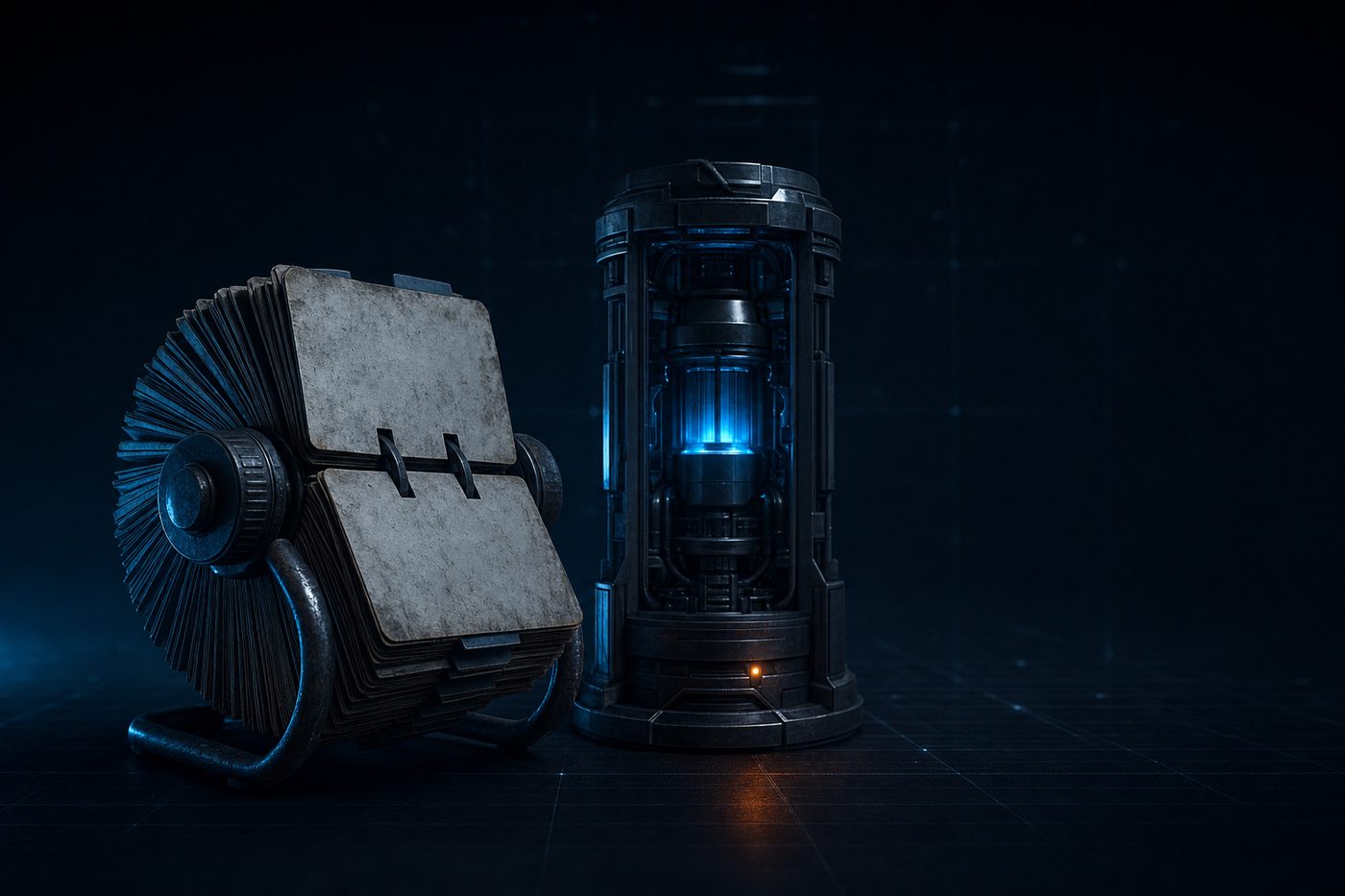 A worn analog card wheel beside a dormant modern machine core