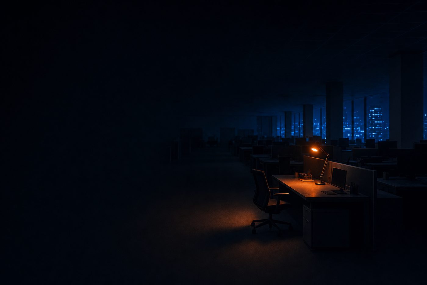 A single lit desk lamp burning in an otherwise dark open-plan office at night
