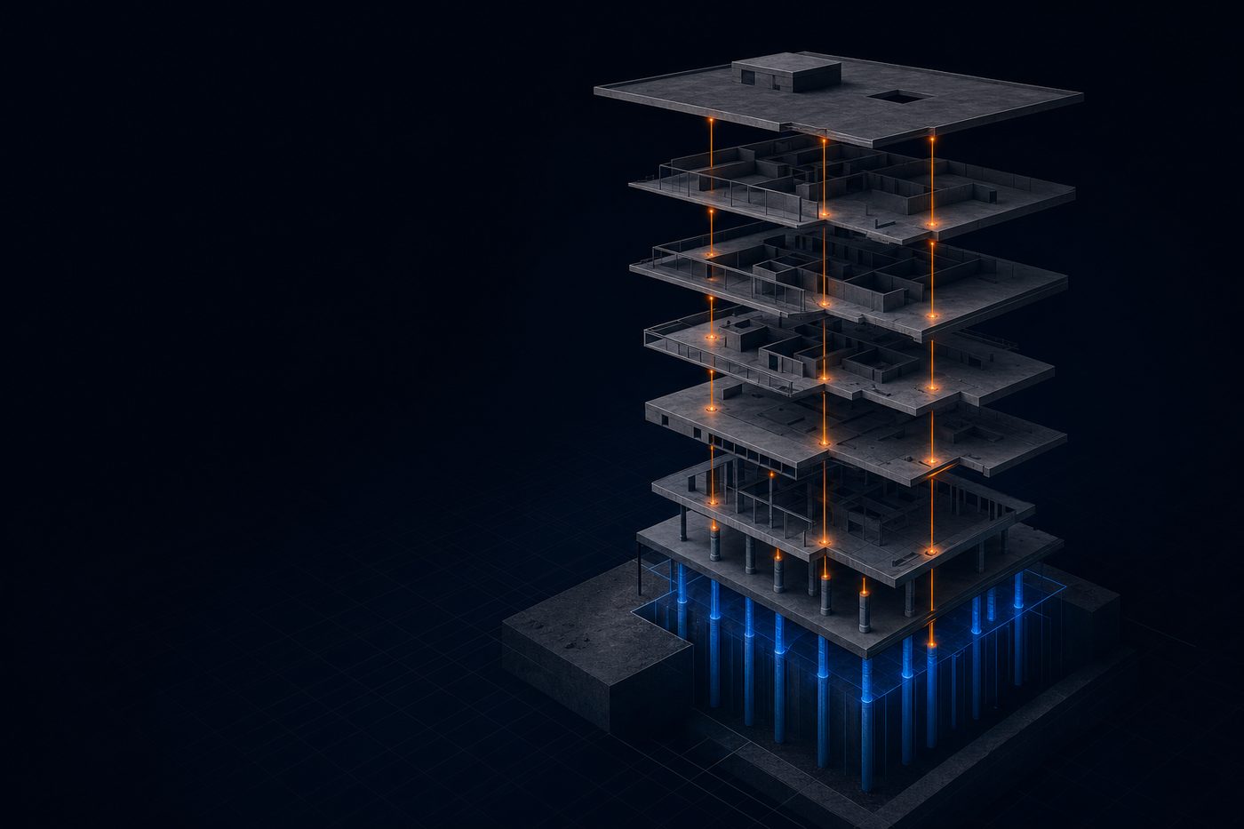 An exploded view of a layered structure with a lit load path running to the foundation