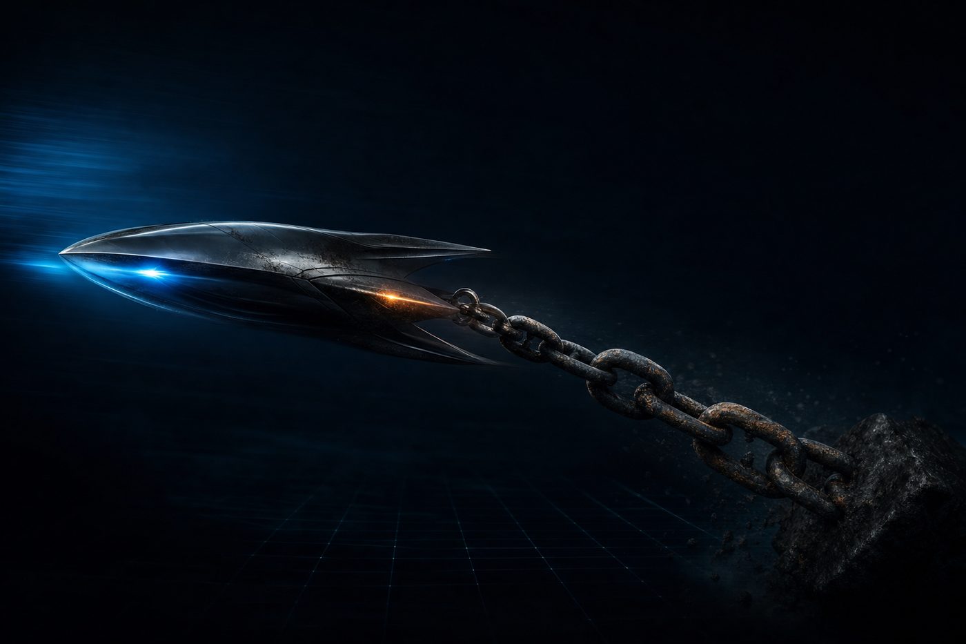 A sleek form in motion dragging a heavy corroded anchor chain behind it
