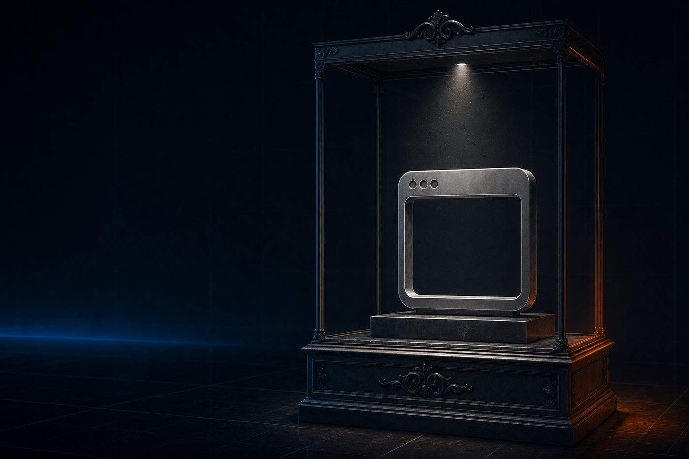An ornate glass display case holding a beautiful but inert object under a spotlight