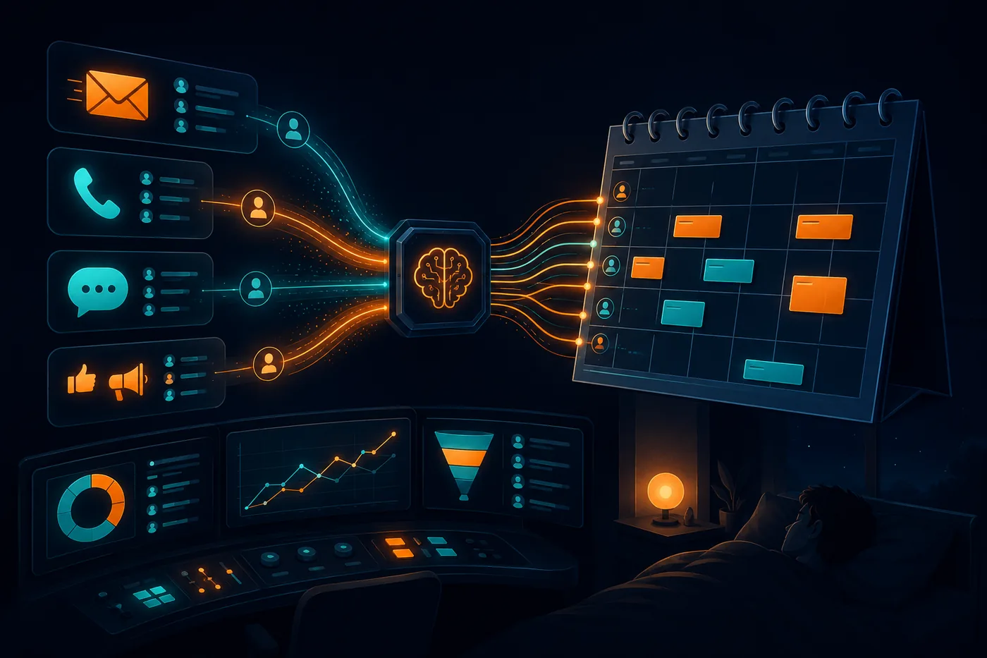 AI sales command center with multi-channel flows converging on a filling calendar
