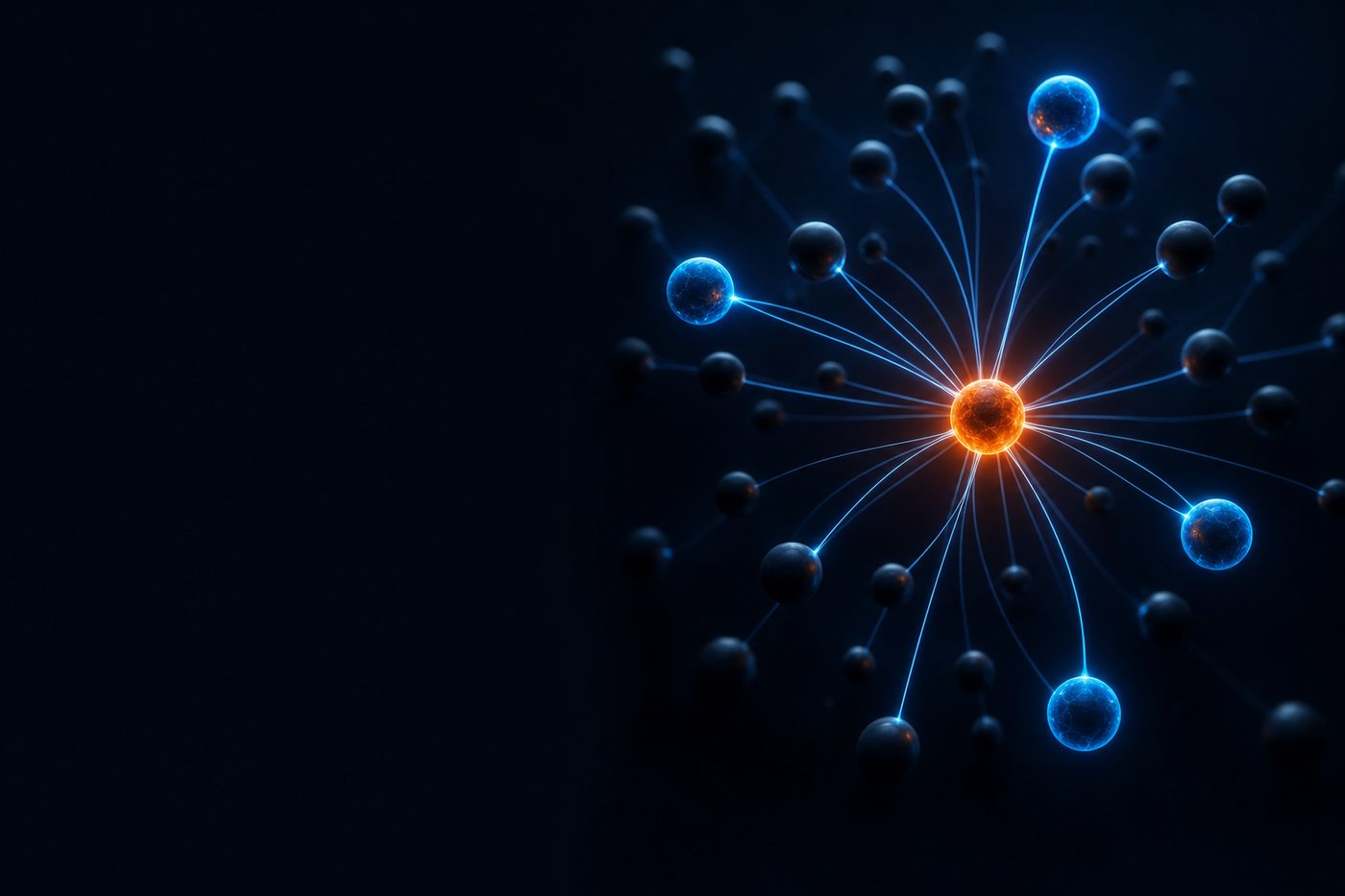 A single bright node linked to a few brand spheres while most stay dark