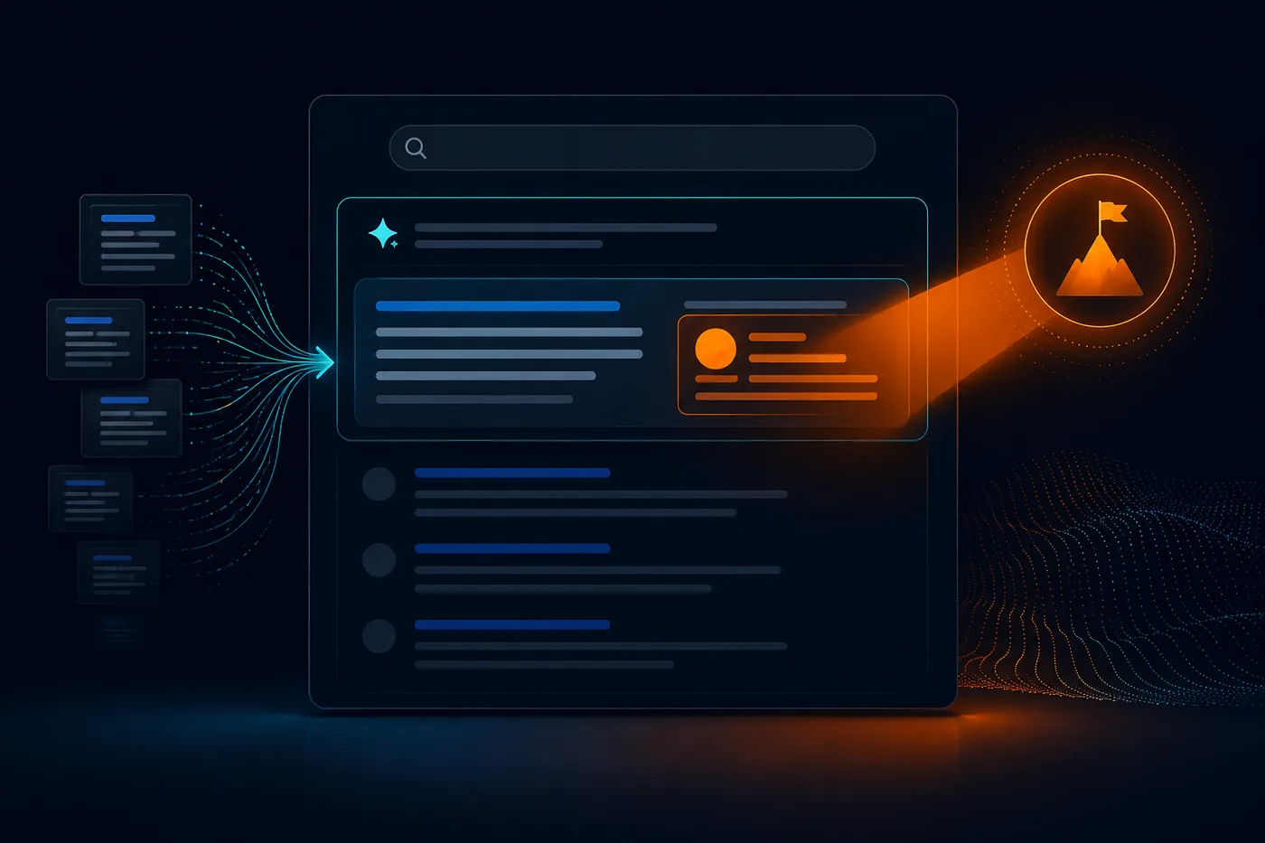 Modern SEO: single highlighted AI answer citing one brand above traditional ten blue links