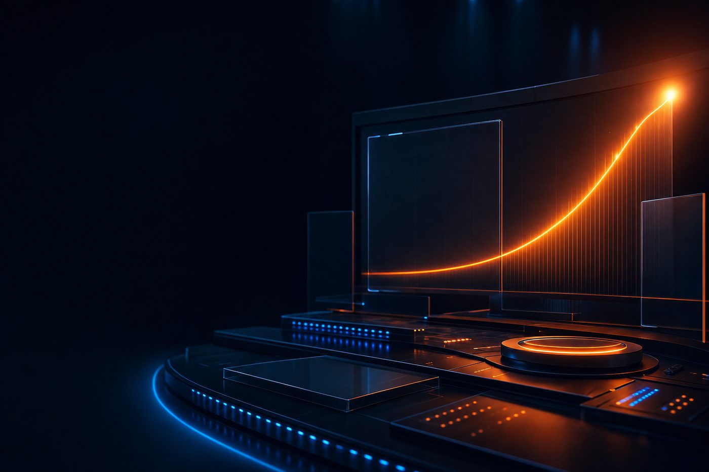 A dark analytics surface with a rising revenue curve and blank glass panels
