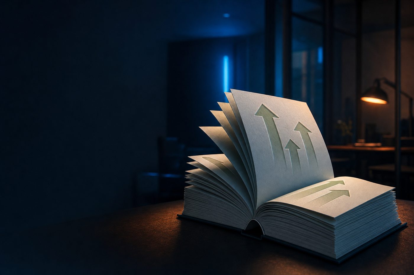 An open report on a dark desk, its pages showing only blank upward arrows