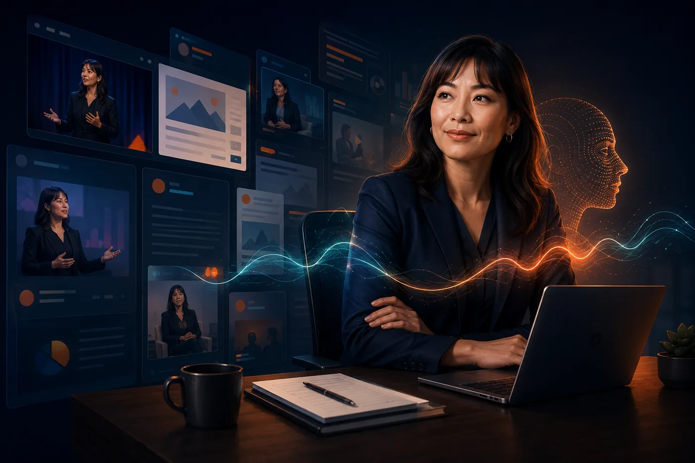 A confident executive at her desk with subtle AI amplification of her voice, published thought-leadership content fanning out behind her